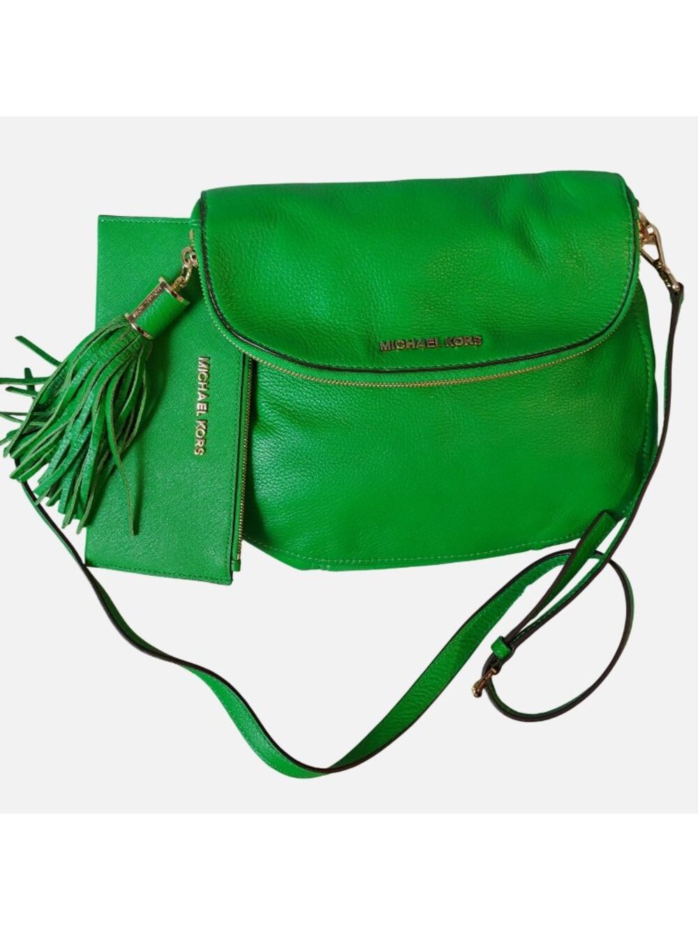 Michael Kors Weston Kelly Green Leather Crossbody Bag Matching Wallet Tassel Gol